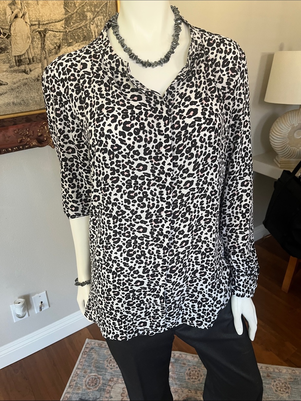 LOFT Black & White Leopard Button-Down Blouse